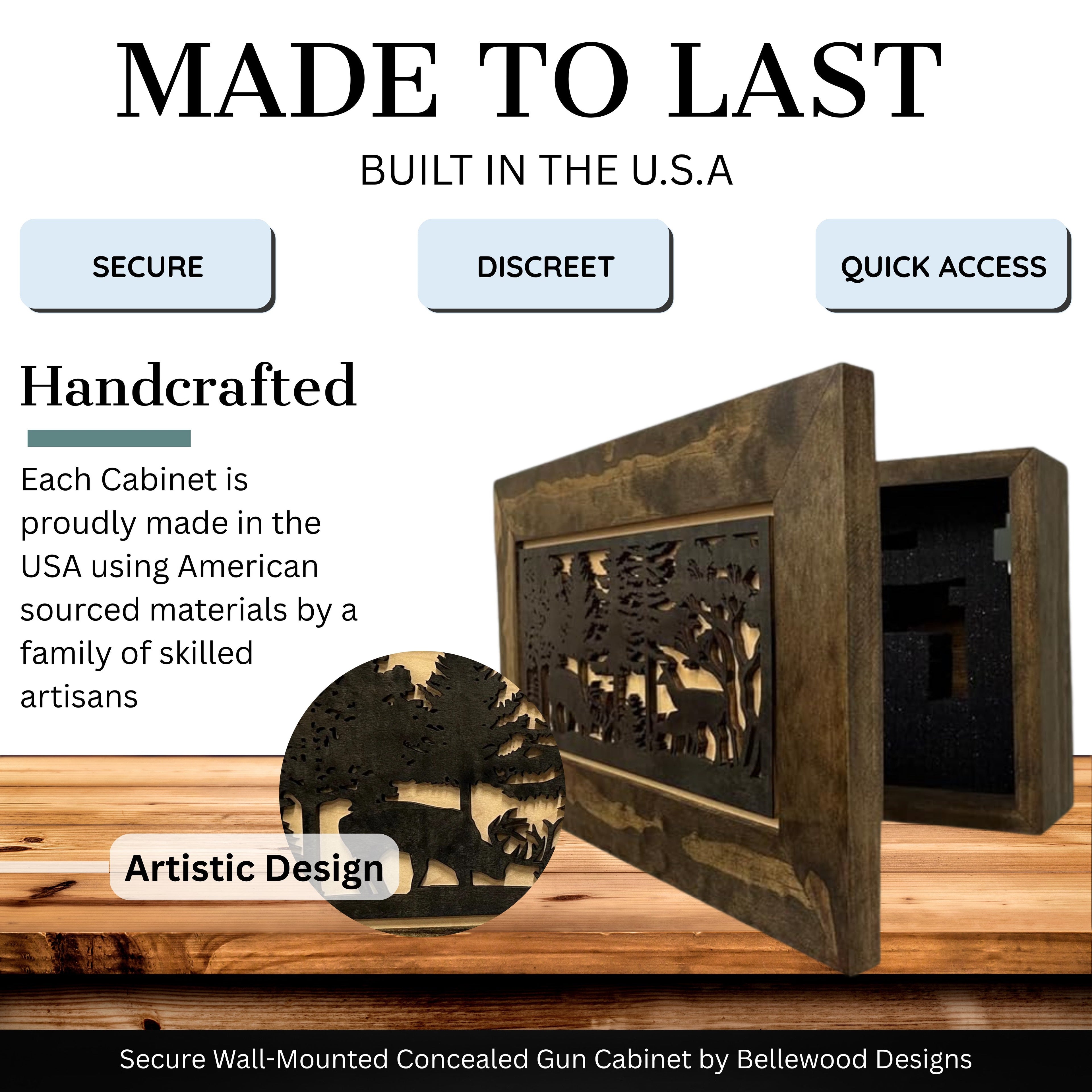 Hidden Gun Safe - Deer Scene Wall Gun Cabinet - Hidden Wall Storage - Wood Gun Cabinet - Handcrafted Gun Concealment Furniture - Hidden Gun Storage by Bellewood Designs
