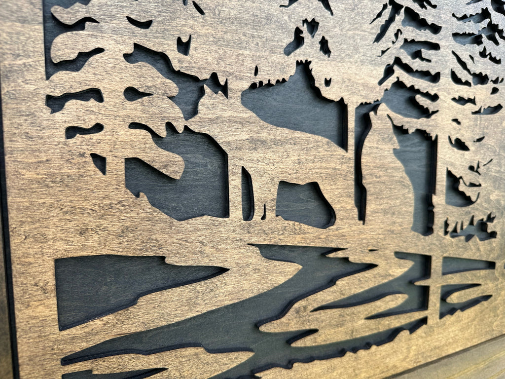 Hunting Wolves Gun Concealment Decor - Handcrafted Wooden Gun Cabinets - Gun Shelf Hidden Storage for Rifles, Shotguns, & Handguns - Quick Access Hidden Wall Safe (Extra Large)