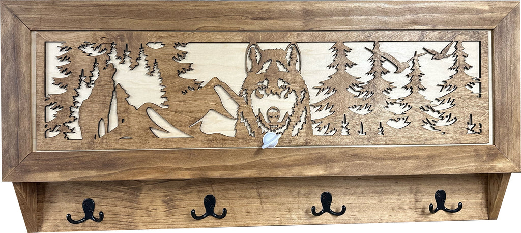 Wolf in the Wild Hidden Gun Storage - Coat Rack Concealment Shelf with Hooks for Coats, Bags, & Hats - Quick Access Hidden Gun Shelf - Secure Magnetic Lock